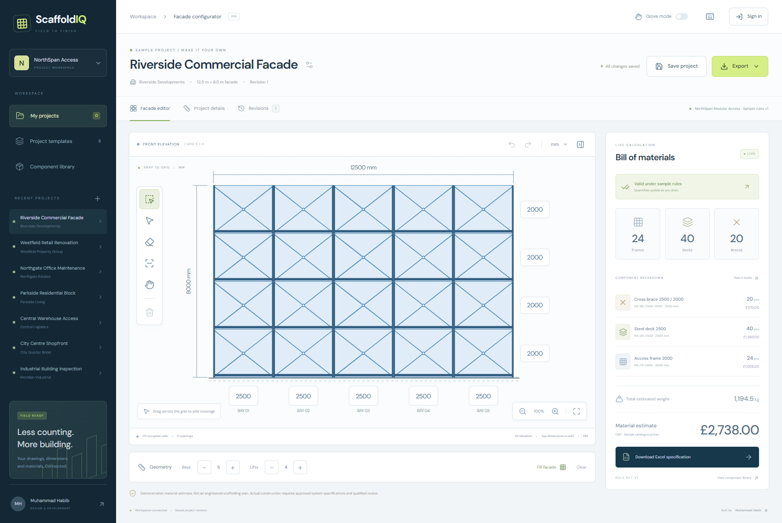 ScaffoldIQ's working facade drawing editor and live material schedule